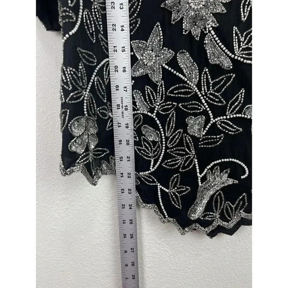 VINTAGE LAURENCE KAZAR HEAVY SEQUIN DRESSY Black And Silver Floral SIZE XL Zip - Picture 6 of 7